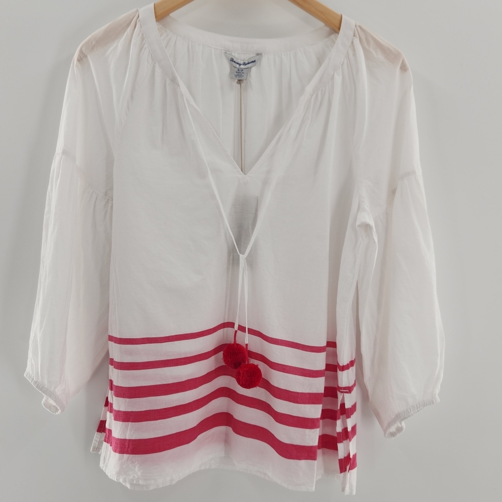 Tommy Bahama Pom Stripe White w/ Bright Blush Stripes 3/4 Sleeve Womens Small